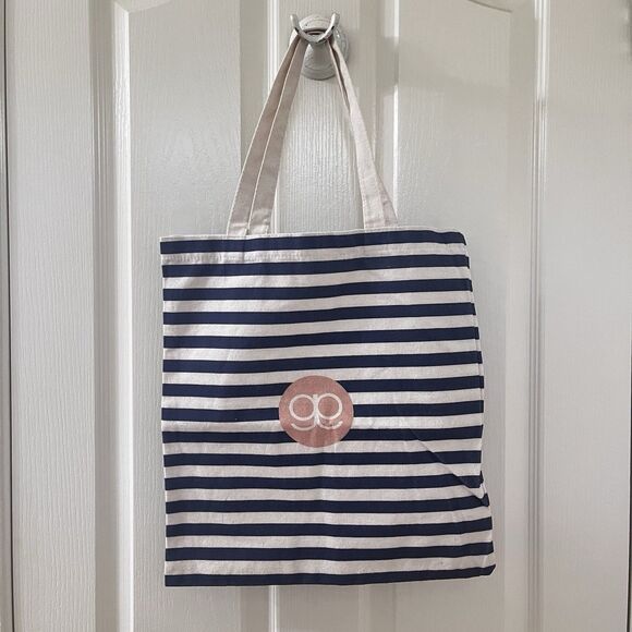 Gorjana Blue and Off-White Striped Canvas Logo Reusable Shopping Tote Bag - Picture 6 of 11